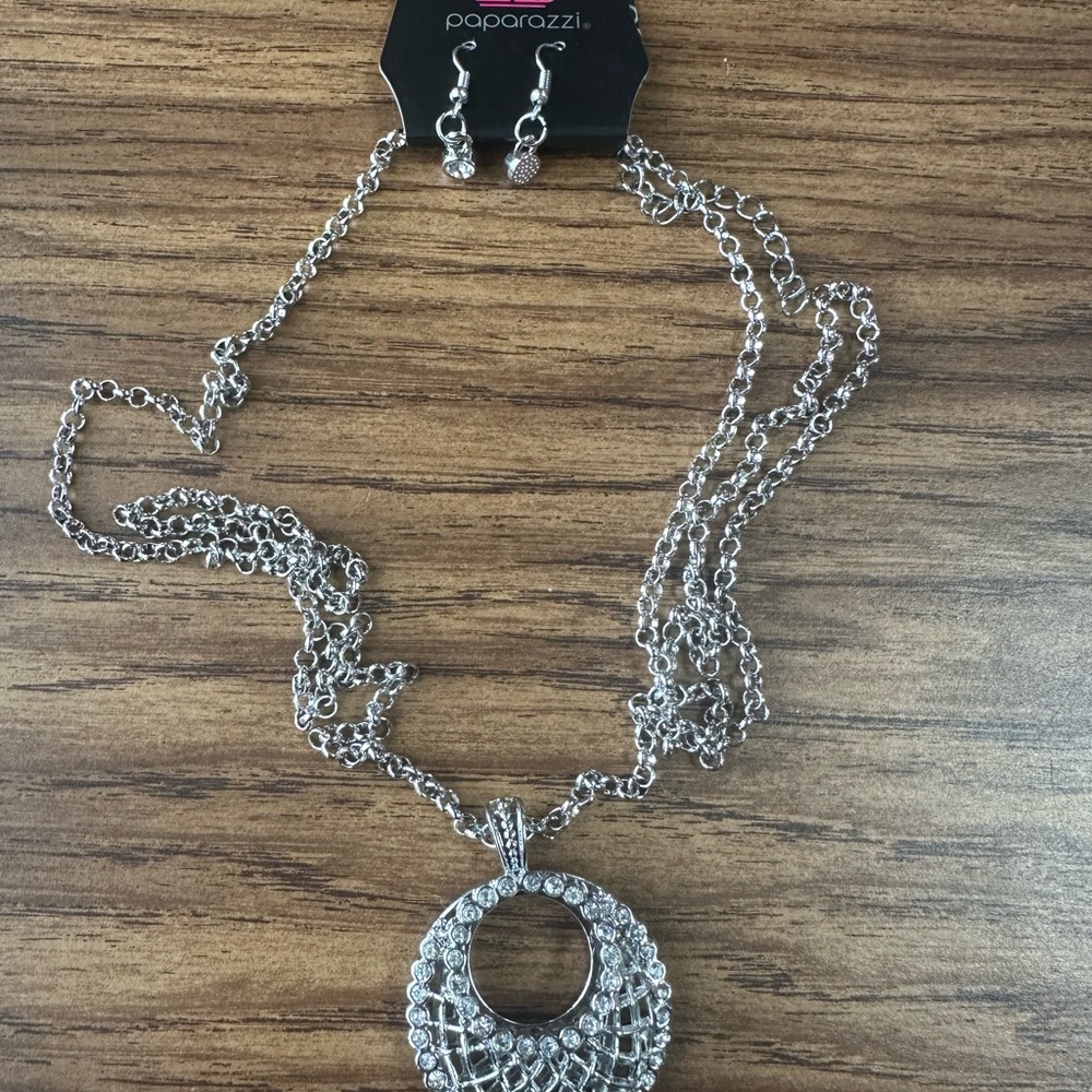 Silver long Filigree Necklace with rhinestones and matching earrings set